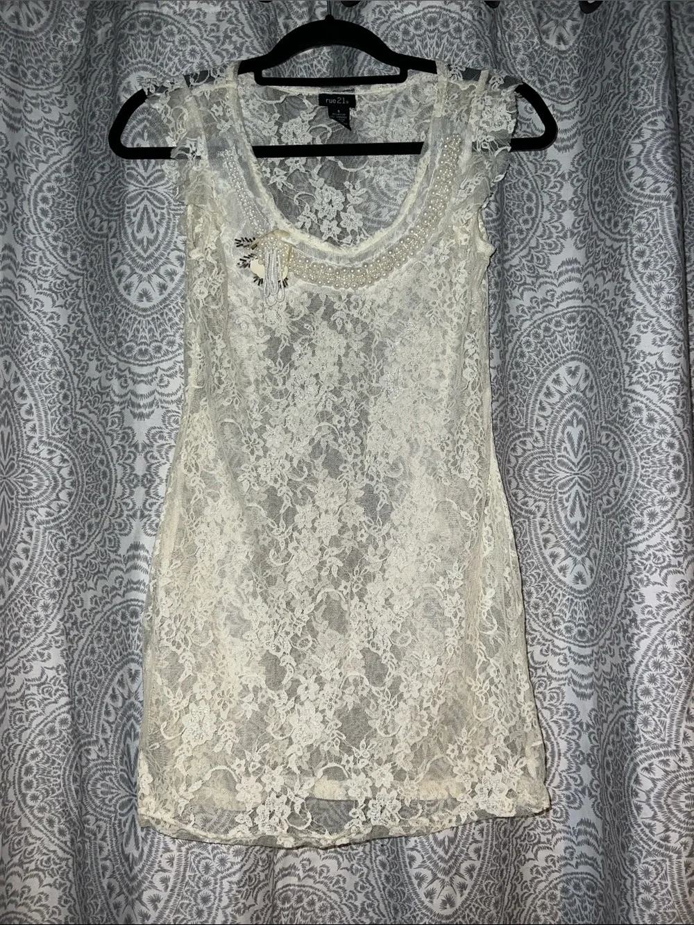 Rue21 Ivory Lace Sleeveless Chemise with Pearled Scoop Neck